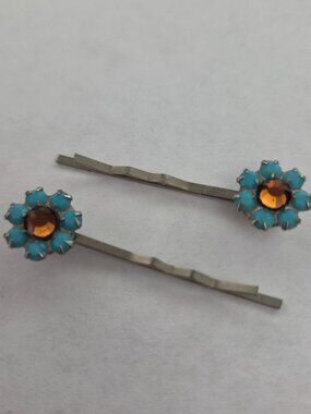 Vtg JOOMI JOOLZ Swarovski Crystal Flower Bobby Pins Turq Amber - 1.5" Y2K